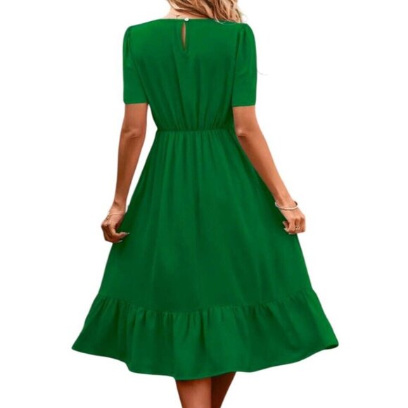 Women's Puff Sleeve Midi Dress Green Lace Insert Ruffle Hem Sz Medium 6 - Picture 13 of 16